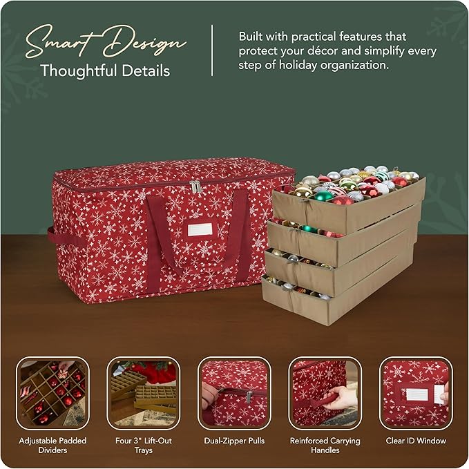 Covermates Keepsakes Adjustable Ornament Storage Bag – Heavy-Duty Polyester, Padded Dividers & FlexGrid Trays – Protective Holiday Ornament Organizer with Handles & Label Window, Red Snowflake