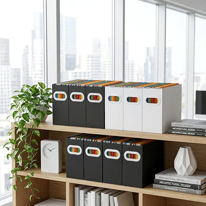 Hanging File Organizer Box, 6 Pack Cardboard File Folder Holder-Black and White(3 Each) for Letter Size, Portable Desk Document Storage with Handles, for Office,Home,School