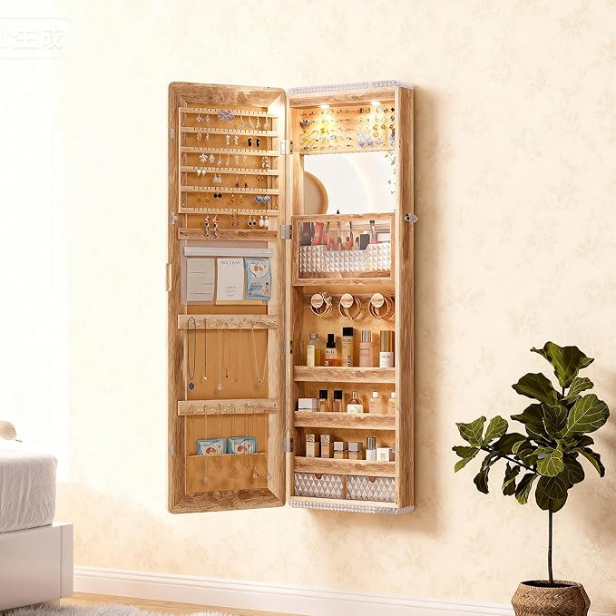 Lvifur 47.2" LED Jewelry Mirror Cabinet,Lockable Wall/Door Mounted Full Length Mirror with Storage, Over the Door Hanging Jewelry Organizer-2 Drawers,Foldable Shelf, Built-in Lighted Mirror (Wood)