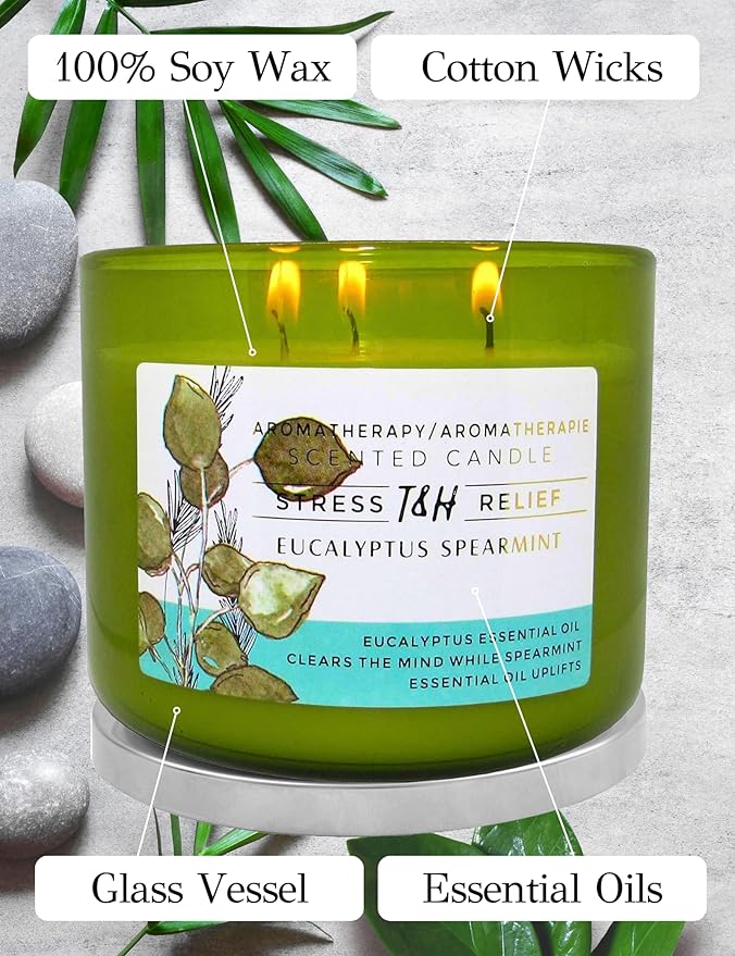 Eucalyptus Spearmint 3-Wick Soy Candle | 80 Hour Burn | 15.8 oz Aromatherapy Scented Candle for Home | Fresh Herbal Spa Scent | Gift Ready