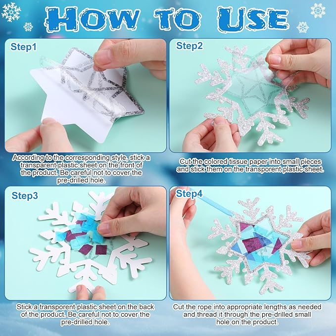 Tinlade 32 Set Winter Snowflake Craft Kit DIY Snowflakes Suncatchers Window Stained Glass Tissue Paper Glitter Blue Hanging Ornaments Decorations Make Your Own Xmas Winter School Activities