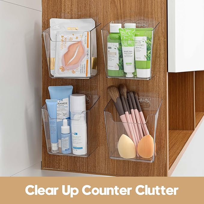 Clear Acrylic Pen Holder, 4 Pack Cabinet Door Organizer Adhesive, Bathroom Wall Mount Caddy Kitchen Plastic Storage Bin Box for Office Marker,Art Supply, Small Cleaning Supply, Seasoning Drink Packet