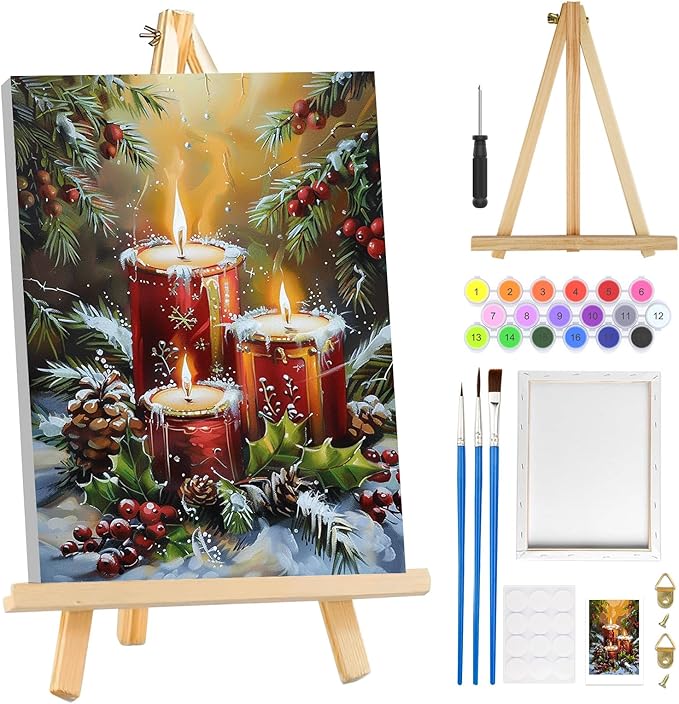 MOGTAA Christmas Paint by Numbers Kit for Adults Beginners with Frame, Christmas Candle Adult Paint by Number Kits on Canvas with Easel, Easy DIY Winter Oil Painting Kits for Home Decor, 8x12in