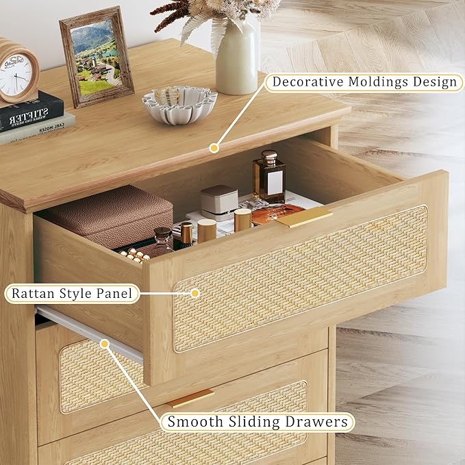 HUAHUU 6 Drawer Dresser for Bedroom, 50 Inch Tall Dressers & Rattan Chest of Drawers, Boho Style, Wood Modern Dressers Organizer for Bedroom, Living Room, Hallway, Entryway, Oak