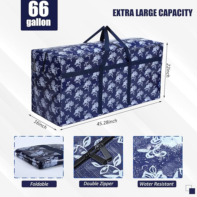 4 Pcs 66 Gallon Large Moving Bags with Zipper and Handles Christmas Tree Bags Foldable Heavy Duty XXL Totes for Christmas 4ft 5ft Tree Skeleton Blankets Storage(Printed)