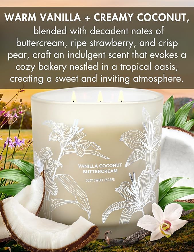 Vanilla Coconut Buttercream Candle, 14.5oz Large 3-Wick Soy Scented Candles for Home, Vanilla Cupcake Candle, Long Lasting Aromatherapy Candle, Gift for Mom Women