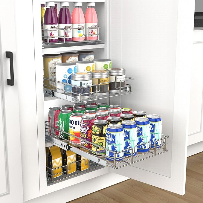 Pulloutor Pull Out Cabinet Organizer,Slide Out Kitchen Cabinet Storage Shelf and Drawer Organizer NEED 12" W and 22" D Cabinet, Chrome Finish (11 * 21 in)