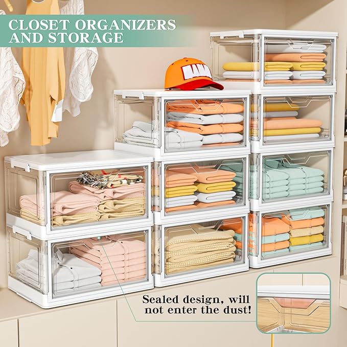 Clear Storage Bins with Lids - 4 Tier Plastic Bins with Wheels, Stackable Storage Bin, Closet Organizers Box for Bedroom, Living Room, 23 QT Folding Box with Magnetic door