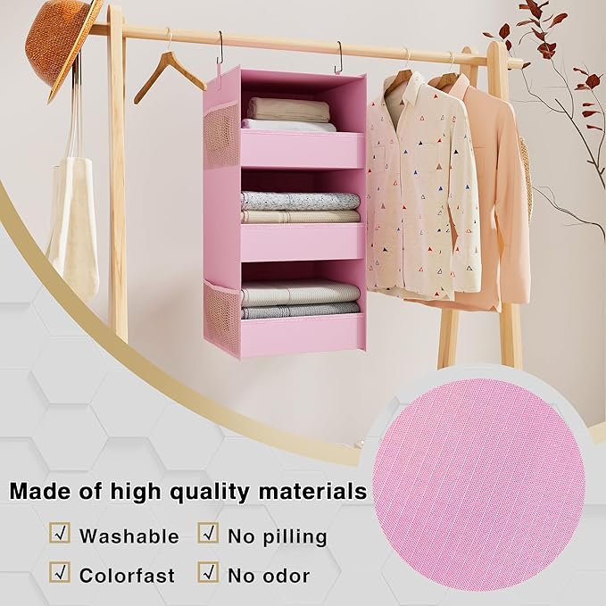3-Shelf Hanging Closet Organizer and Storage, Foldable Hanging Closet Shelves Front Lip Design Washable Hanging Storage, Pink