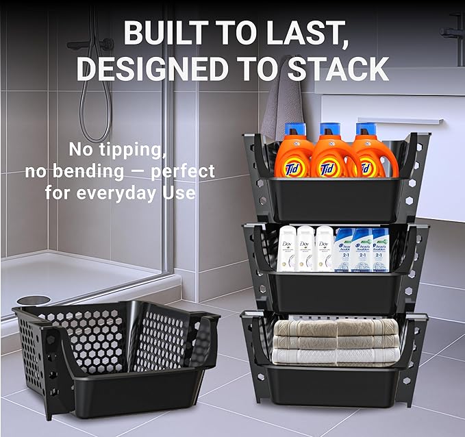 Skywin TidyFriend Stackable Storage Bins for Pantry, 4 Pack Stackable Bins for Organizing Snacks, Toiletries, and Small Essentials (Black)