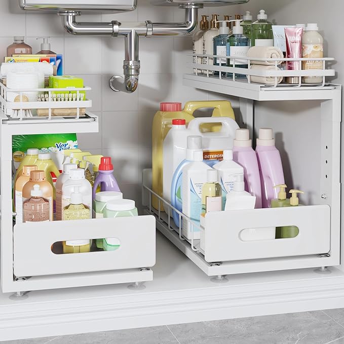 Under Sink Organizer Upgrade To Professional Rails,2-Tier Dual Pull Out Cabinet Storage,Height Adjustable Slide Out Drawers For Bathroom Kitchen,2 Pack-16.7"Dx12.8"-16.9"H,White