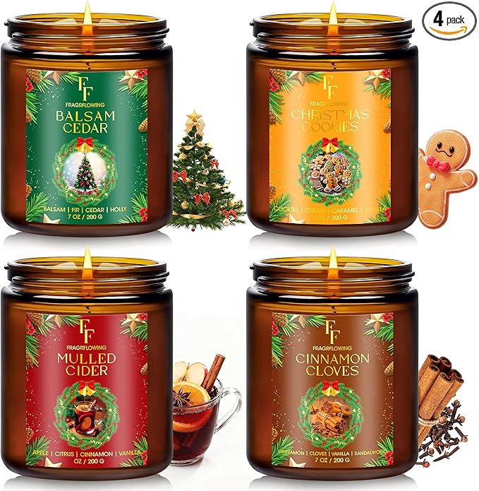 Christmas Candles Set, Scented Candles for Home, 4 Pack Holiday Natural Soy Candles, Christmas Gifts for Women Men, Festival Fragrance of Balsam Cedar/Cookies/Mulled Cider/Cinnamon