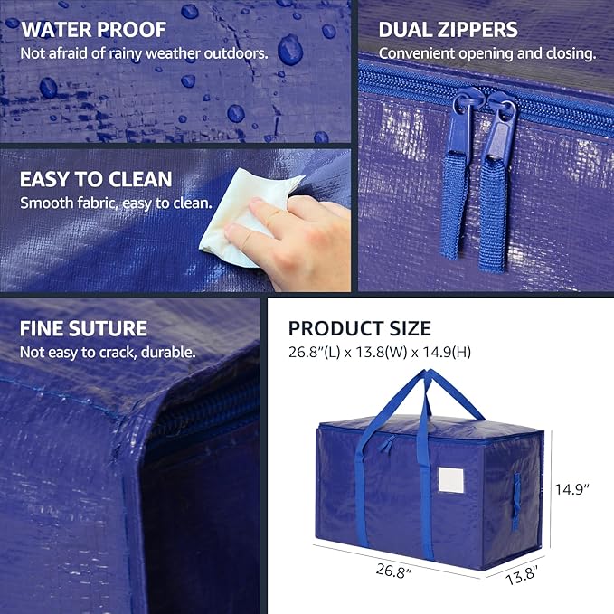 Moving Bags Heavy Duty Extra Large, Moving Boxes, Moving Supplies Essentials, Blue Storage Bins with Lids, Plastic Packing Totes, Storage Bags for Clothes with Handles & Zippers(Blue, 10 Pack)