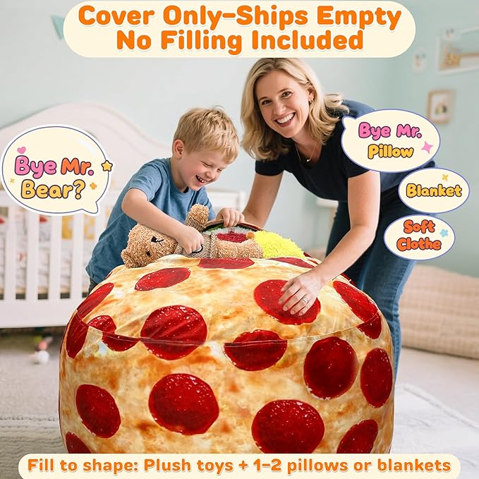 Lukeight Pizza Stuffed Animals Storage Bean Bag Chair Cover Only (Ships Empty, No Filling) - Velvet YKK Zipper Beanbag Cover for Kids Big kids, Washable Plush Toy Organizer, X-Large 30" D x 18" H