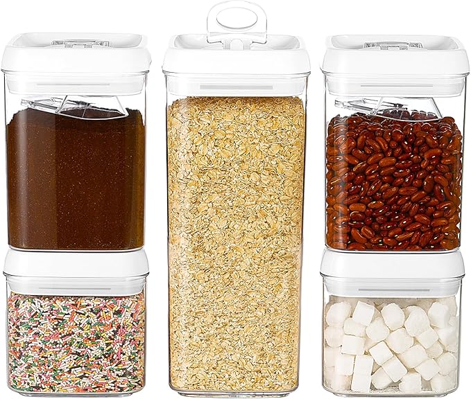Felli Flip Tite Food Storage Container 5" LARGE 5pk Set + No Residue Label, Airtight Lid Easy Lock Top Stackable, Plastic Canister Jar for Pantry Kitchen Fridge Organizer Pasta Protein Powder Spice