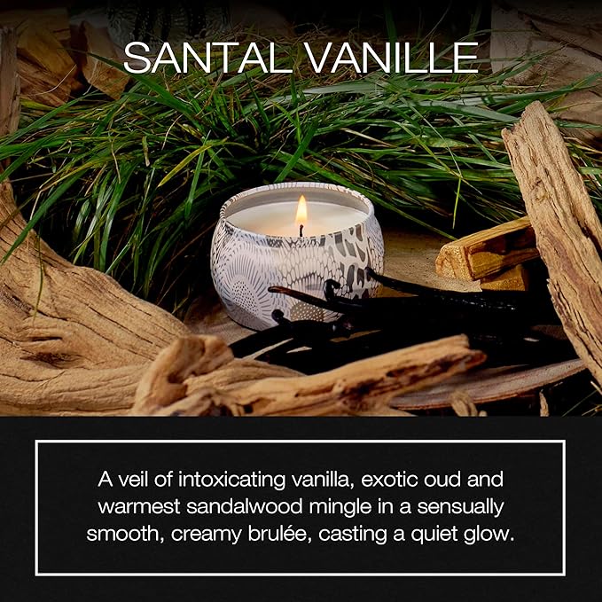 Voluspa Santal Vanille, Mini Tin Candle, 4 Ounce, 25 Hour Burn Time, Coconut Wax for Clean Burning, Handcrafted in The USA