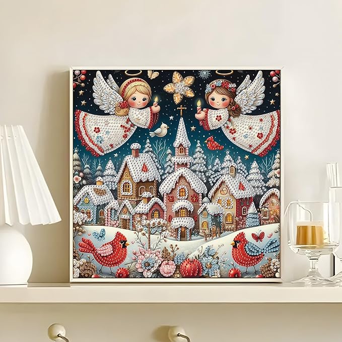 antor Diamond Painting Christmas Angels Protecting Snow Village with Red Robins, 5D DIY Special Shaped Diamond Art Kit for Adults, Crystal Rhinestones Diamond Painting, Holiday Winter Home Wall Decor