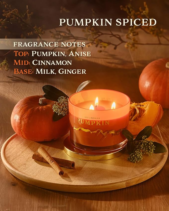 Pumpkin Spice Scented Candles - 100% Natural Soy Wax - Large 3 Wick Jar Candle - Up to 50 Hours Burning Time - Candles for Home - Gift-Ready Candle for Men & Women - Aromatherapy