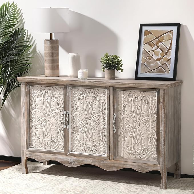 RoyalCraft Buffet Cabinet with Storage, Vintage Solid Wood Sideboard with 3 Carved Doors, Painted Coffee Bar Console Table for Dining Room, Living Room, Kitchen, Distressed Black