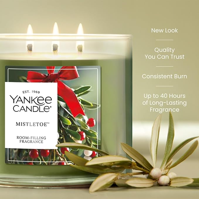 Yankee Candle Mistletoe, Scented Candle, 14.5oz 3-Wick Candle Jar with up to 40 Hours Burn Time
