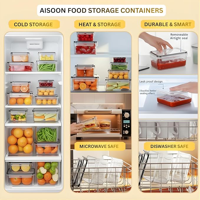 AISOON 40 Pcs 85oz Large Food Storage Containers with Lids (20 containers & 20 lids), Stackable Airtight Leakproof BPA-Free Reusable Meal Prep Containers, Freezer Microwave Dishwasher Safe