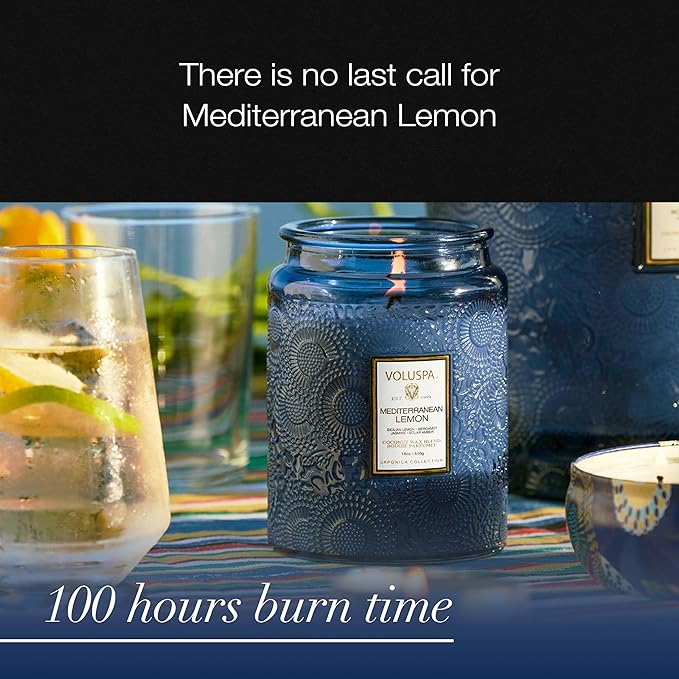 Voluspa Mediterranean Lemon Candle Jar, 18 oz, Coconut Wax Blend, Large Scented Candles for Home, 100 Hour Burn Time, Poured in The USA