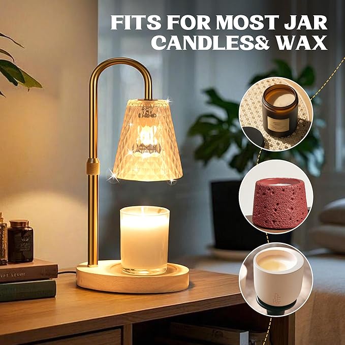 Candle Warmer Lamp with Timer - Adjustable Height Electric Wax Melter in Gold for Cozy Aesthetic Bedroom Home Decor Gift for Women Mother Friend Birthday Various Festivals