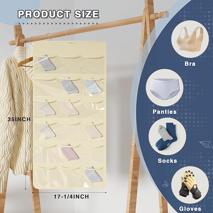 Hanging Closet Underwear Organizer, 28-Pockets Dual-Sided Storage for Socks, Bras, and Leggings Lingerie and Kids’ Clothing, Beige