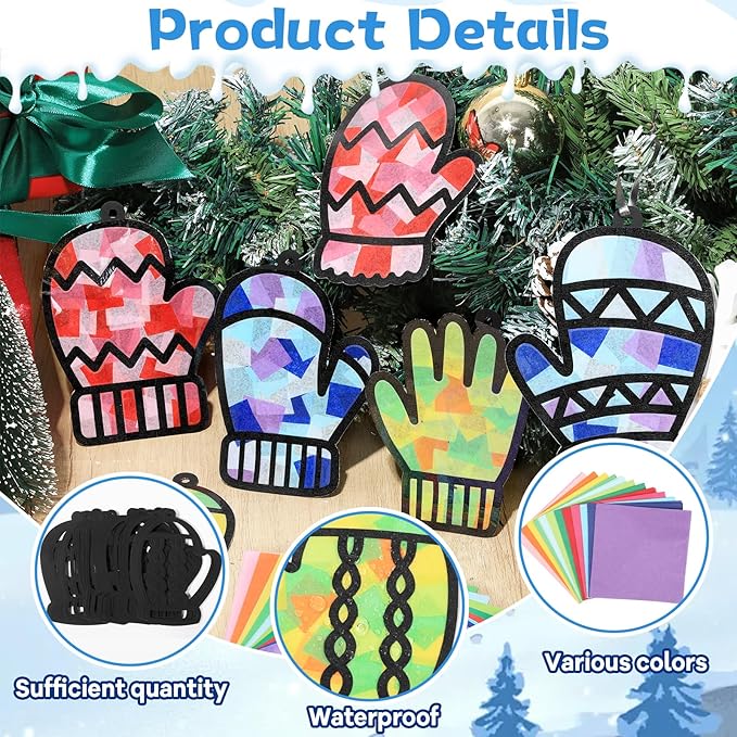 Qyeahkj 36 Set Winter Glove Suncatchers Crafts Kit DIY Window Tissue Paper Craft Kits Gloves Hanging Ornaments Decor Christmas Holiday Arts for Home Activity Art Party Favor Gift