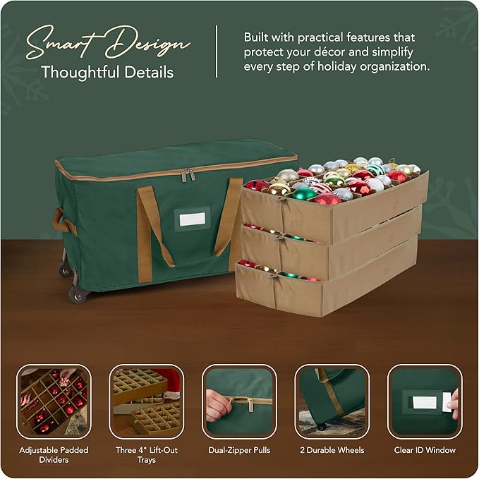Covermates Keepsakes Rolling Adjustable Ornament Storage Bag – Heavy-Duty Polyester, FlexGrid Trays & Padded Dividers – Protective Holiday Organizer with Wheels, Handles & ID Window, Green