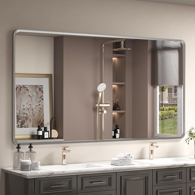 OKPAL 66x36 Silver Bathroom Mirror for Wall, Brushed Metal Framed Bathroom Vanity Mirror, Modern Rounded Corner Rectangle Mirror, Anti-Rust (Horizontal/Vertical)