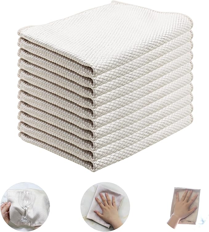 Choicy Microfiber Cleaning Cloth Reusable Cleaning Cloths Cleaning Rags 10Pcs 12×16inch Lint Free Dish Cloths No Odor Fish Scale Microfiber Towels for Cars Glass Windows Mirrors Kitchen (Beige)