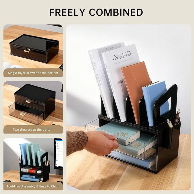CiWiVOKi Desk Organizer with 4 File Holder Slots, 2 Clear Drawers & Dual Pen Holders, Multi-Functional Office Supplies Desktop Storage for Home Office, Space-Saving Mail Sorter & Caddy, Black