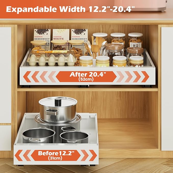 1 Pack Expandable Pull Out Cabinet Organizer 21"Deep, Adjustable Width 12.2"-20.4" Slide Out Drawers & Roll Out Shelves for Kitchen Cabinets, Easy Install with Double-Sided Adhesive, White