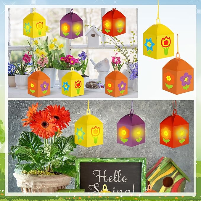 Simgoing 12 Sets Spring Flower Crafts with LED Lights DIY Mother's Day Crafts Lanterns Kits Colorful Flower Tissue Paper Suncatchers for Mother's Day Window Home Decor Spring Summer Activities