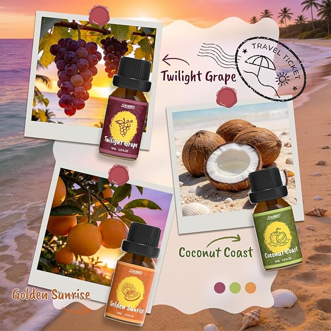SALUBRITO Hawaii Fragrance Oils Set, Summer Essential Oils for Diffuser, Candle, Soap Making, Tropical Breeze, Island Life, Banana Bliss, Twilight Grape, Coconut Coast, Golden Sunrise Scented Oil