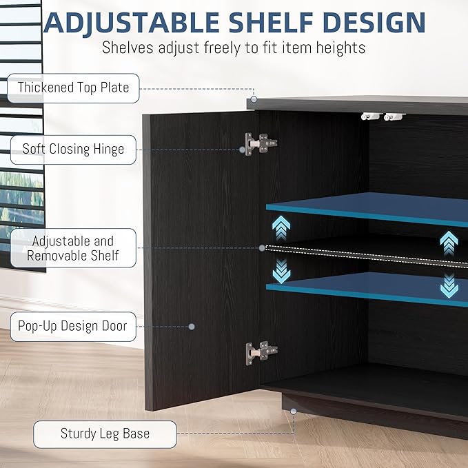 63'' Buffet Cabinet with Storage, Coffee Bar with 4 Doors & 2 Adjustable Shelves, Modern Sideboard Table with 3 Color LED Light for Kitchen (Black)