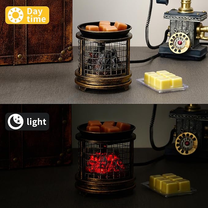 MOAFINA Bronze Grid Campfire Wax Melt Warmer with Timer, 3D LED Fire Effect 4-in-1 Electric Wax Warmer for Scented Wax, Home/Bedroom/Office Gifts & Decor