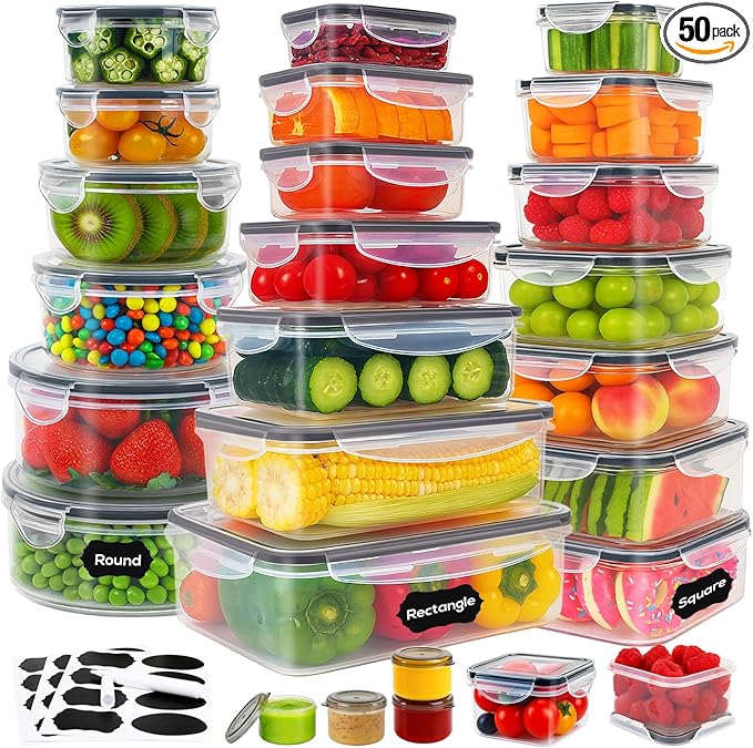 50 PCS Thicker Food Storage Containers with Lids, Clear Stackable Airtight Leakproof Reusable Plastic Meal Prep Container Set for Kitchen Storage/ Lunch, Fridge/ Microwave Safe with Labels&Pen