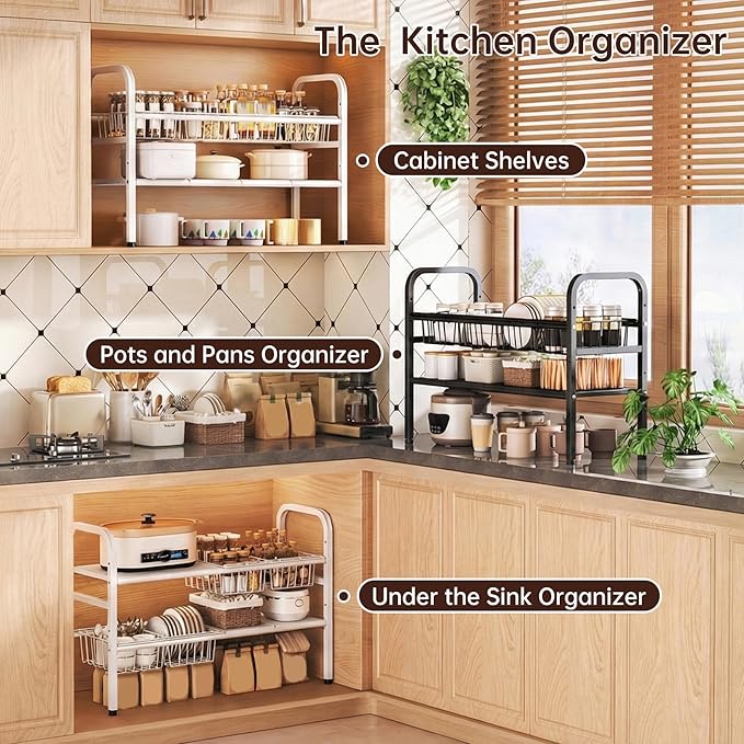 Under Sink Organizer 2 Tier,Height Adjustable Kitchen Cabinet Organizer with 4 Panels and 4 Baskets,Expandable Under Sink Shelf,for Kitchen,Bathroom, Laundry Pantry Cabinet,Apartment,White