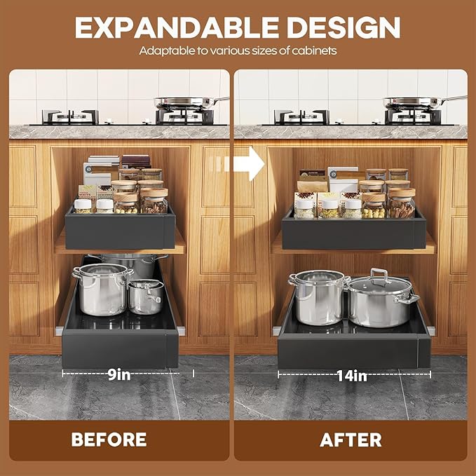 2 Pack Expandable (9"-14") Pull Out Cabinet Organizer 21" Deep With Raising Pad for Framed Cabinets,Upgrade 3 Slide Rails Slide Out Drawers,No Drill Roll Out Shelves Adhesive,Black