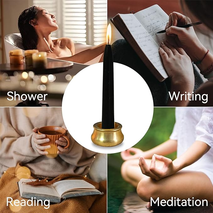 Dripless Taper Candle Meditation Candles,Black 20 Minute Mini Prayer Candlestick Pure Beeswax Candles with Brass Candle Holder for Yoga & Spiritual Rituals,30-BLA