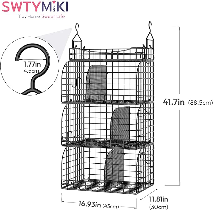 SWTYMIKI Hanging Closet Organizer Storage - 4 Tier Metal Stackable Hanging Closet Shelves with Dividers and S Hooks, Foldable Clothes Shelves for Clothes, Pants, Shoes, Coat, Hats Clutches Accessories
