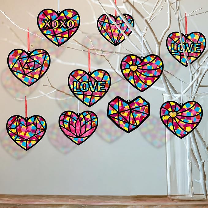 Tinlade 48 Set Valentine's Day Suncatchers Crafts Kit Valentines Heart DIY Window Stained Glass Tissue Paper Red Love Hanging Ornaments Make Your Own Suncatcher Summer Home School Classroom Activities