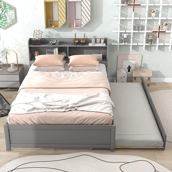Harper & Bright Designs Full Size Bed Frame with Trundle, Full Size Platform Bed with Twin Trundle Under, Grey