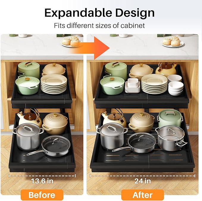Pull out Cabinet Organizer, 1-Pack Expandable(13.6"-24") Silde out Drawers with Raising Pad for Framed Cabinets, Adjustable Full-Extension Adhesive Roll out Shelves for Kitchen Pantry Home Pot and Pan