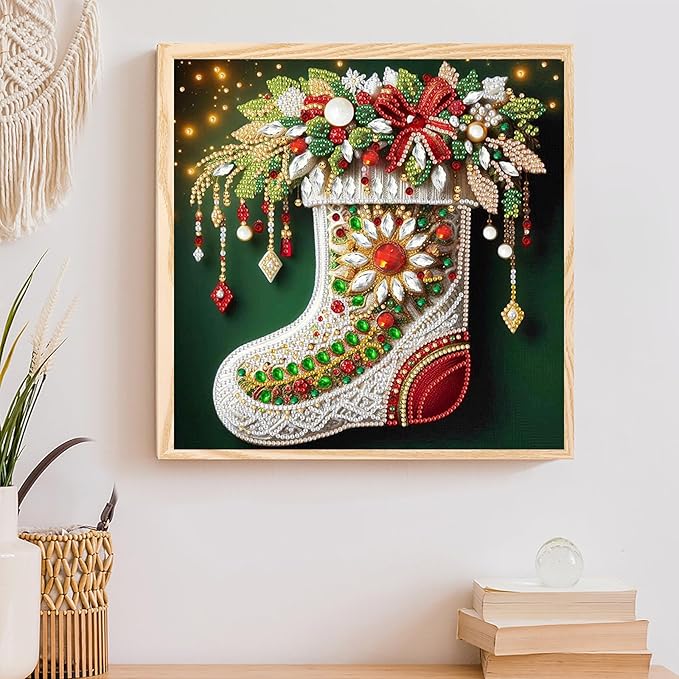 Christmas Sock 5D Special Shape Diamond Art Kits for Beginners, Christmas Winter Theme Diamonds Painting Kits for Adults,DIY Crystal Rhinestones Diamond Paintings for Home Wall Decor 12×12Inch