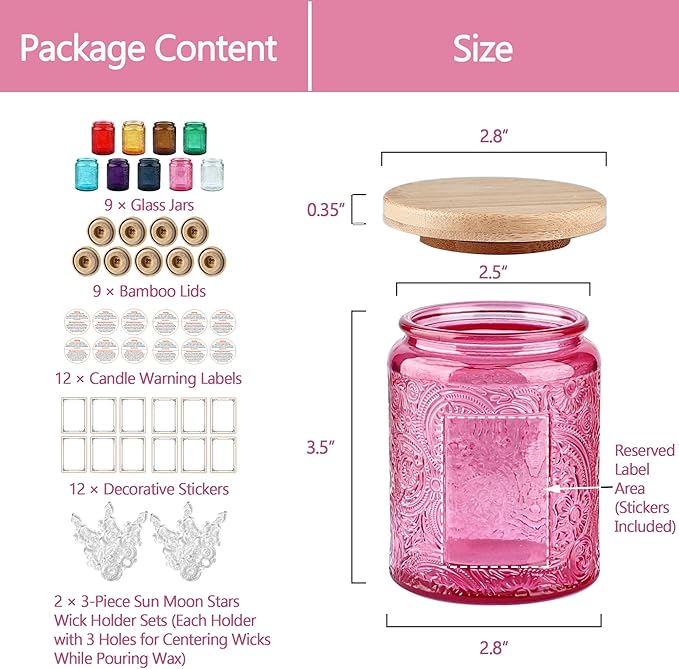 9-Pack 8oz Embossed Glass Candle Container with Bamboo Lids and Labels, Clear Candle Jars for Making Candles, Sun Moon Star Design (Multi-color)