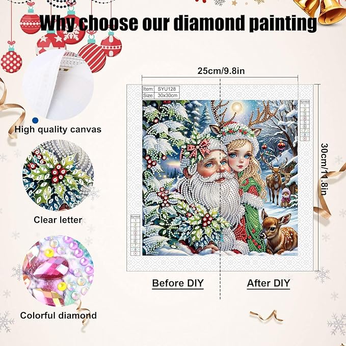 antor Christmas Santa Claus and Reindeer 5D Special Shape Diamond Painting Kits for Adults, Crystal Rhinestones DIY Diamond Art for Home Wall Decor Gift, 12×12 Inch