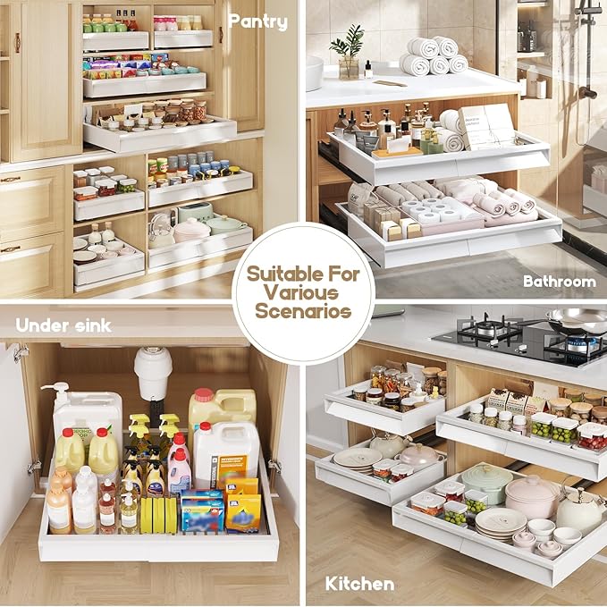 2 Pack Pull Out Cabinet Organizer With Raising Pad for Framed Cabinets,Expandable Width (13"-21") and Depth (13"-17"),3 Slide Rails Slide Out Drawers with Handle,No-Drill Roll Out Shelf,White